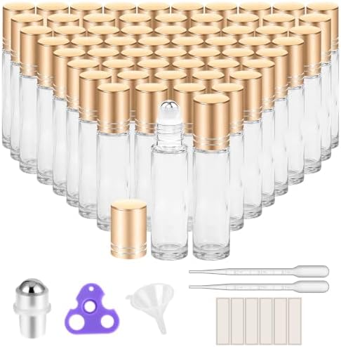 PrettyCare 60 Pack, 10 ml Essential Oil Roller Bottles with Stainless Steel Roller Ball - Bulk Refillable Leak-proof Empty Thick Clear Glass Roll on Bottles with Metal Caps for Travel, Perfume by PrettyCare