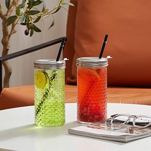 4Pack Glass Tumblers with Stainless Steel Lids and Straws, 24 OZ Wide Mouth Mason Jar Drinking Glasses for Iced Coffee/Tea, Juices and Cocktail, Travel Glass Bottles with Varitey of Patterns