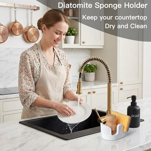 Ultra Absorbent Stone Sponge Holder for Kitchen Sink, 2 Slot Diatomite Dish Brush Sponge Holder, Diatomite Stone Sink Tray, Rustproof Sinks Caddy for Countertop, Double, White