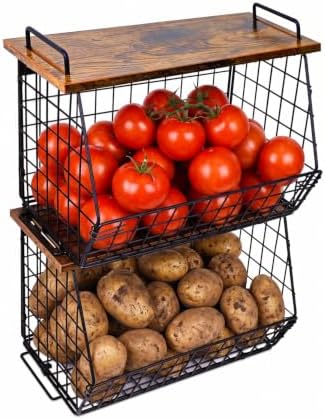 2 Pack Stackable Potato Storage Bins, Extra Large Pantry Organizer and Storage, Fruit Basket for Kitchen Counter, Potato and Onion Storage Bin with Wide Opening, Wall Mounted Vegetable Storage Basket