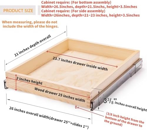 26''W x 21''D x 3''H Pull Out Cabinet Drawer Soft Close Slide Out Wood Organizer for Kitchen, Finished, Bottom and Side Assembly (Wood Drawer Part Width is 25inch)