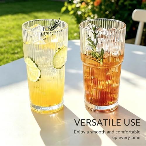 4 Pack Glass Cups with Lids and Straws, 20oz, Ribbed Pattern