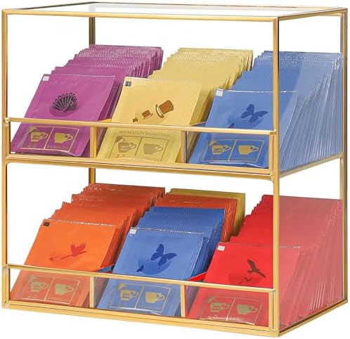 Glass Tea Bag Organizer for Counter, 2-Tier Teabag Organizer Storage Holder for Tea Bags, Glass Caddy Box Containers, Rack Teabag Station Stand for Cabinet Kitchen, 2-Tier, Gold