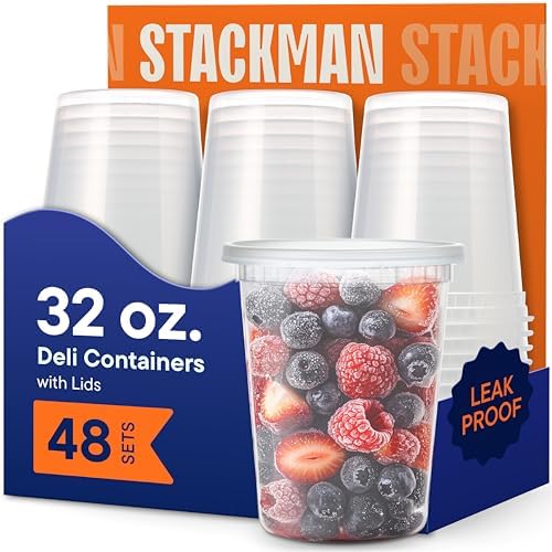 32 oz Deli Containers with Lids (48 Sets) – Quart Clear Plastic Food Storage Containers, Airtight Leak-Resistant Seal, BPA-Free, Microwave & Freezer Safe, Meal Prep Soup Takeout to-Go