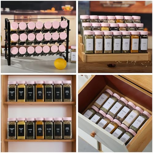 24 Glass Spice Jars with Labels, Spice Jar Set, 4oz Seasoning Containers, Spice Containers with Pink Airtight Lids and Shaker Lids, Square Empty Spice Bottles, 492 Labels, 1 Funnel