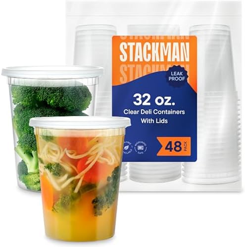 Soup Containers with Lids [48 Sets -32 oz.] Quart Plastic Deli Container - Deli Food Storage Containers with Airtight Lids for Freezer & Restaurant Takeout