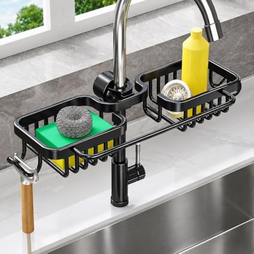 Faucet Drainer Basket, Kitchen Sink Faucet Organizer with Drip Tray, Sponge Holder and Dish Brush Holder, Quick Drying Hanging Caddy with Hook for Soap, Scrubbers, Kitchen & Bathroom(Black-B)