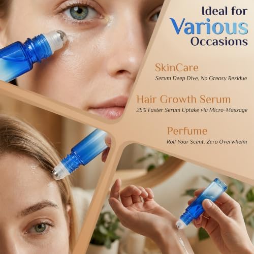 PrettyCare 12 Pack, 10 ml Essential Oil Roller Bottles with Stainless Steel Roller Ball - Refillable Leak-proof Empty Thick Blue& Yellow Glass Roll on Bottles with Golden Caps for Travel, Perfume - Image 6