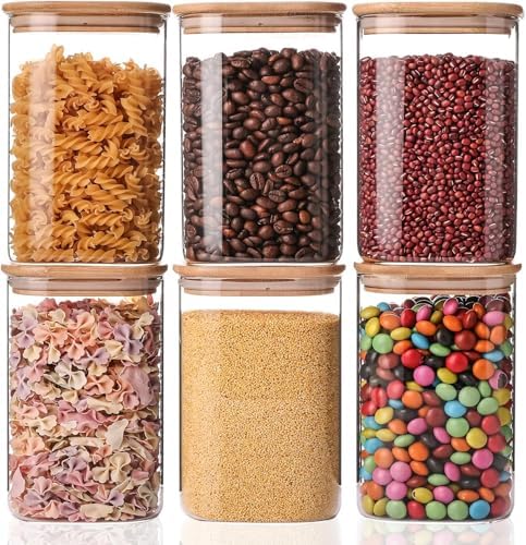 6 Pack Glass Food Storage Jars 37 oz,Glass Storage Containers Clear Glass Food Canister with Bamboo Lid Airtight For Serving Tea, Coffee, Flour, Sugar, Candy, Cookie, Spice and More (Square)