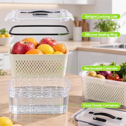 5 PCS Fruit Storage Containers for Fridge with Removable Colander