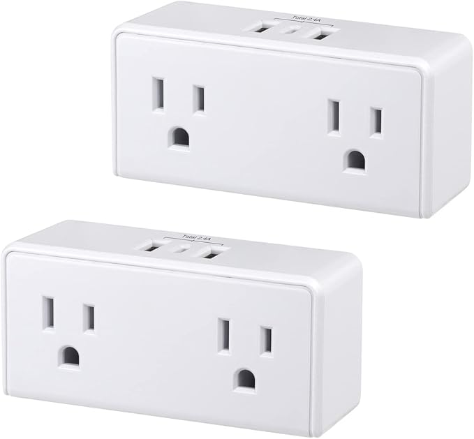 Clear Power 2-Outlet Wall Tap with 3 USB Ports(1 USB-C), Multi Plug Outlet Extender USB Wall Charger, Compact Dual Plug Expander with USB-C, Grounded, 3-Prong, 2-Pack, DC3S-10022P-DC