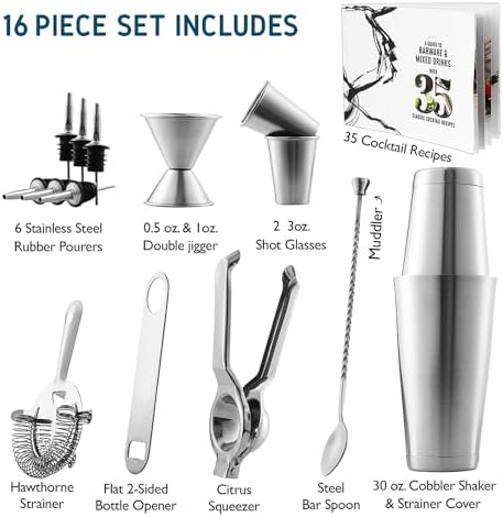 Bar Set Cocktail Shaker Set, Stainless Steel Mixology Bartender Kit, 16 Piece Cocktail Kit, Silver Cocktail Set, Bar Tools: 30oz Martini Shaker, Muddler, Bar Kit Cocktail Book, Jigger and Pourers