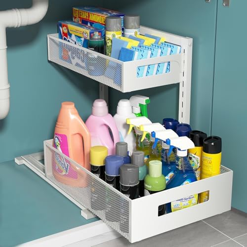 Pull-Out Under Kitchen Sink Organizer, Metal Functional Under Sink Organizer, Height Adjustable Under Bathroom Sink Organizer, Under Sink Storage for Kitchen Bathroom Cabinet (White)