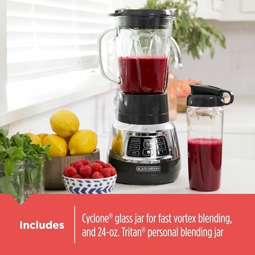 Black+Decker Quiet Blender with 6-Cup Cyclone Glass Jar, 3 Speeds + 3 Functions & Serrated Blade Technology for Faster Blending, Pulse Button and 24-oz Personal Jar, 900W - Image 7