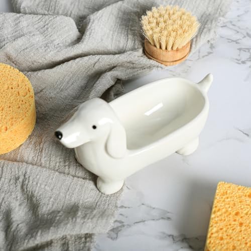 Ceramic Dachshund Shaped Sponge Holder for Kitchen Sink Counter, Sponge Rack, Sink Caddy Organizer