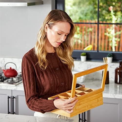 Big Natural Bamboo Tea Storage Organizer, Clear Acrylic Top, 8 Compartments