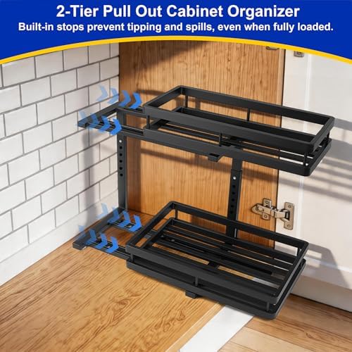 2-Tier Metal L-Shaped Pull-Out Under Sink Organizer, Black, 1 Pack