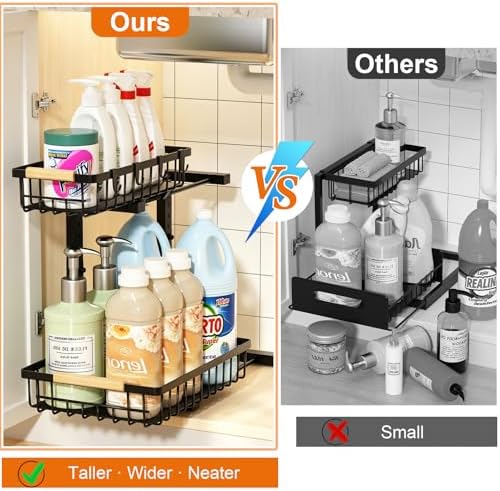 Under Sink Organizer, 2 Pack Height Adjustable Under Sink Organizers and Storage, 2 Tier Pull Out Drawer Cabinet Storage for Kitchen Bathroom