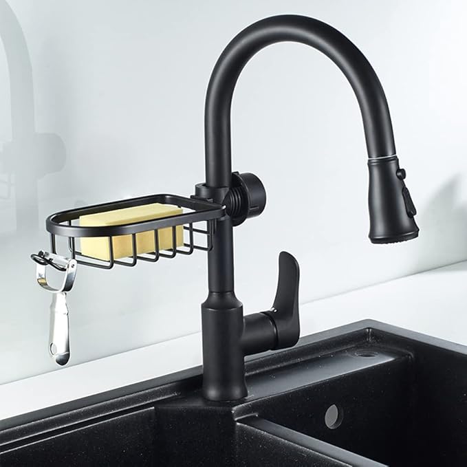 Kitchen Faucet Sponge Holder Sink Caddy Organizer Over Faucet Hanging Faucet Drain Rack for Sink Organizer (Black-Normal)