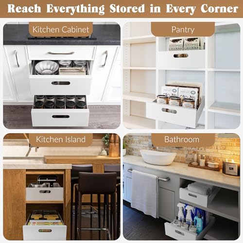 1 Pack | 21" Deep Pull Out Cabinet Organizer Adhesive, 10-Inch Wide Sturdy Carbon Steel Roll-Out Drawers, Designed for Frameless Cabinets, Slide-Out Shelves for Pantry.