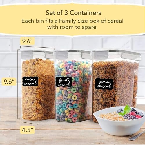 Airtight Cereal Containers with Lids – 3 Piece Tall Kitchen Pantry Organization Set, BPA-Free Clear Plastic, Pour Spout Lids for Breakfast Cereal, Rice, Flour, Sugar, Snacks