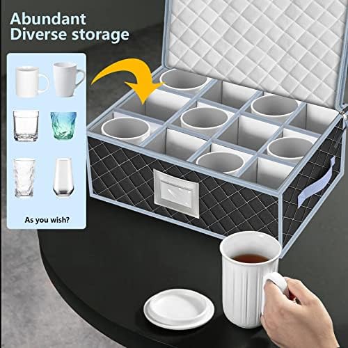 Mug and Cup Storage Box with Dividers - 2 Pack China Storage Bin Containers Holds 24 Glassware, Stackable Coffee Mug Organizer Bin and Tea Cup with 2 Metal Zipper,Label and Handles (Grey)
