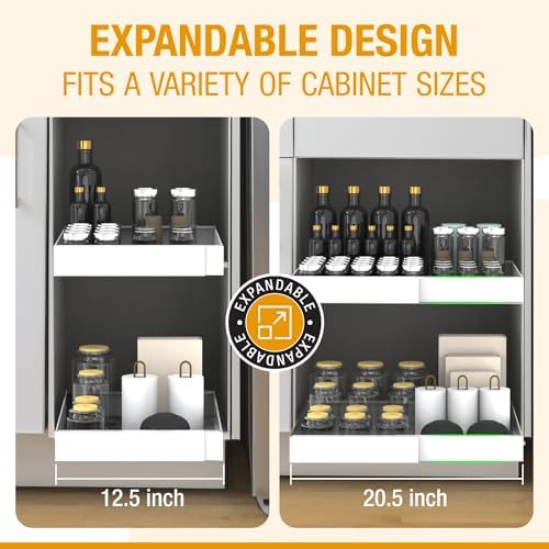 Expandable Pull Out Drawers for Cabinets(White): Kitchen and Pantry Organizer, Sliding Cabinet Organizer with Adhesive, Under Sink and Pots Storage, Depth 16.5". expandable pull out cabinet organizer