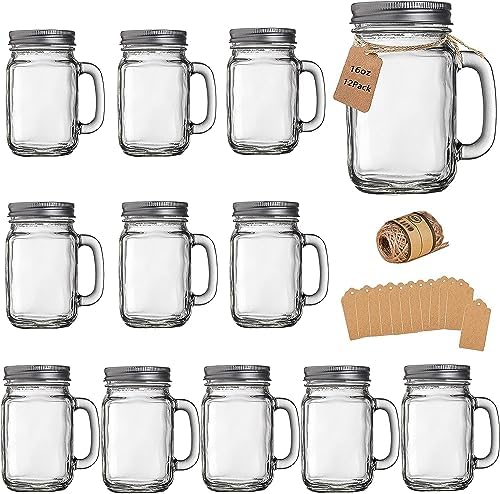Mason Jar Cups, Mason Jars With Lids & Handle, 16 oz – 12 Pack