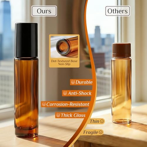 PrettyCare 60 Bulk, 10 ml Amber Glass Roller Bottles for Essential Oil with Stainless Steel Roller Ball - Refillable Leak-proof Empty Roll on Bottles with Black Caps for Travel, Perfume, Lab - Image 3