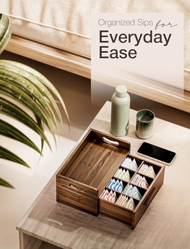 Acacia Wooden Tea Box Organizer with Drawer for Countertop Display