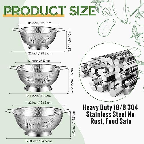 3 Pcs Stainless Steel Colander Set Metal Mesh Strainers, Silver