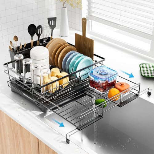 Dish Drying Rack - Expandable Rack, Large Capacity Dish Drainer for Kitchen Counter, Rust-Proof with Utensil Holder, Black
