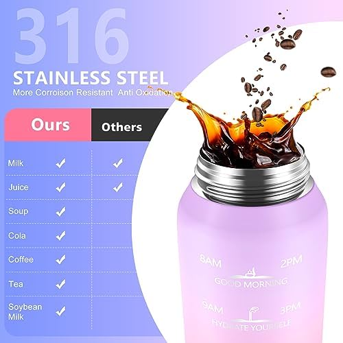 Stainless Steel Insulated Water Bottle 32oz with Handle, 1L Double Wall Insulated Bottle with Time Marker BPA Free, 1000ml Metal Water Flask for Outdoor Working School PURPLE PINK