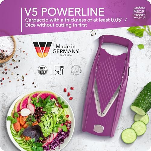 Mandoline Food Slicer Börner V5 (Profi Set) by Reston Lloyd • V-Slicer with 4 Inserts, Docking Station & Food Holder • Made in Germany • Fruit & Vegetable Chopper • Multiple Settings • Color: Purple - Image 3