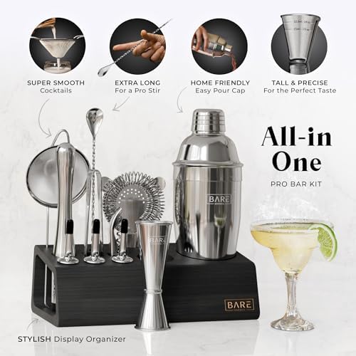 Mixology Bartender Kit Bar Set | 14-Piece Cocktail Shaker Set | Martini Barware Mixing Tools for Home Bartending | Incl. 35 Recipe Cards | Gift Set (24oz Cobbler Shaker, Silver/Black)