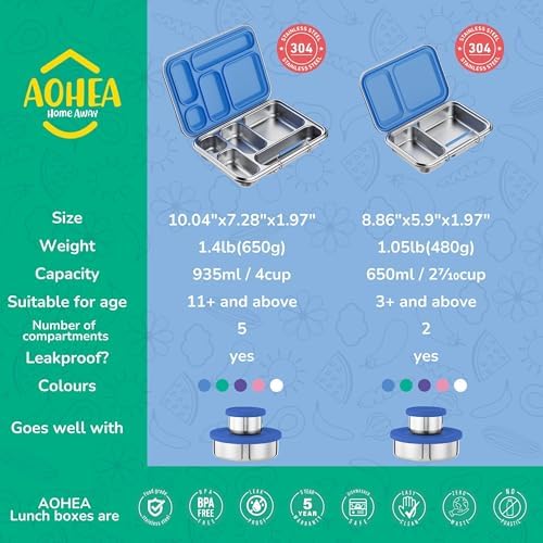Stainless Steel Bento Box Kids, Kids Metal Bento Lunch Box BPA Free Lunch Box Containers 304 Stainless Steel Bento Box for School and Office(Bule)
