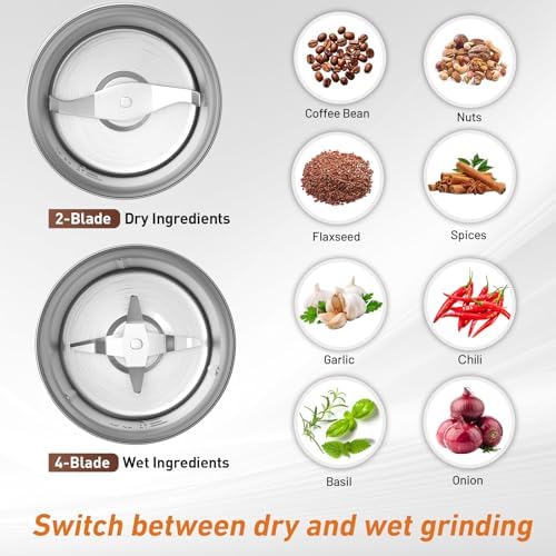 Secura Electric Coffee and Spice Grinder, 2 Removable Bowls, Stainless - Image 3