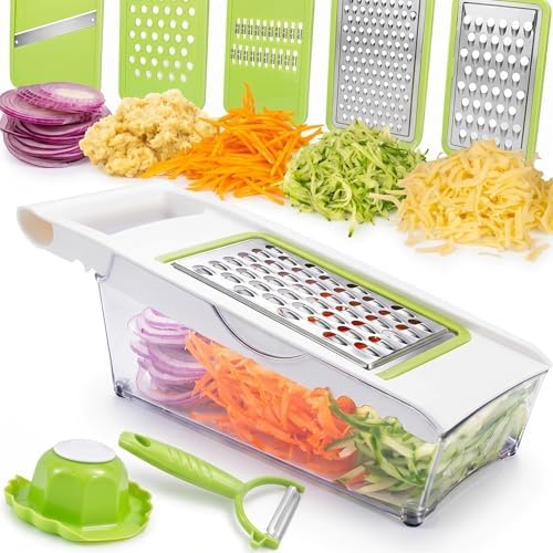 Cheese Grater with Container,5 In 1 Mandoline Slicer for Kitchen,Multi Purpose Vegetable Slicer, Easy to Clean Vegetable Chopper,Cheese Shredder,Julienne Slicer and Peeler