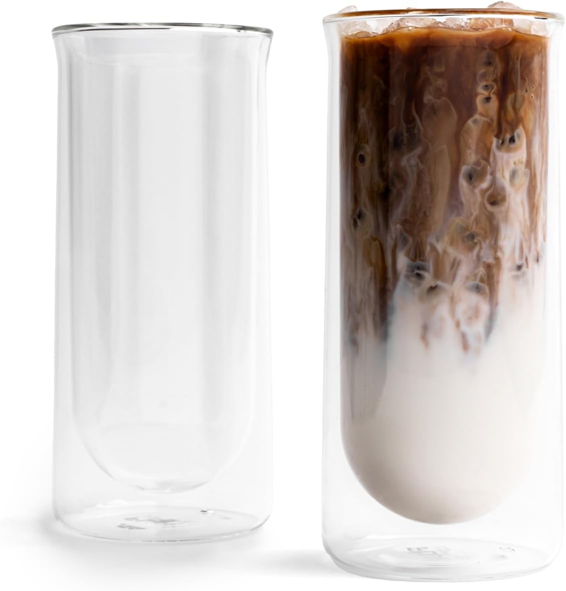 Iced Coffee Glasses (Set of 2) Perfect for Iced Coffee, Cold Brew & Lattes – Double-Walled Borosilicate Glass – For Hot & Cold Drinks – Lightweight & Easy to Clean – 15.5oz (Clear)