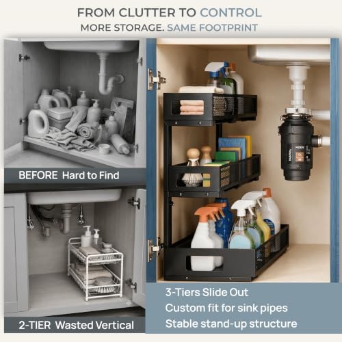 3-Tier Under Sink Organizer, Pull-Out Drawers, 2-Pack Black