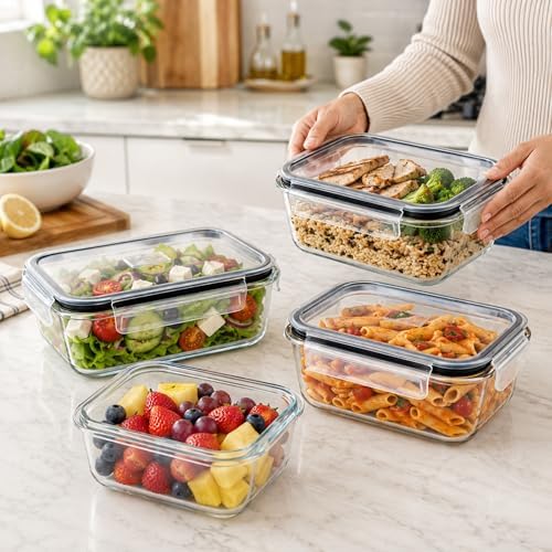 Glass Meal Prep Containers, Airtight Lids (4 Rectangular Vented Lid)
