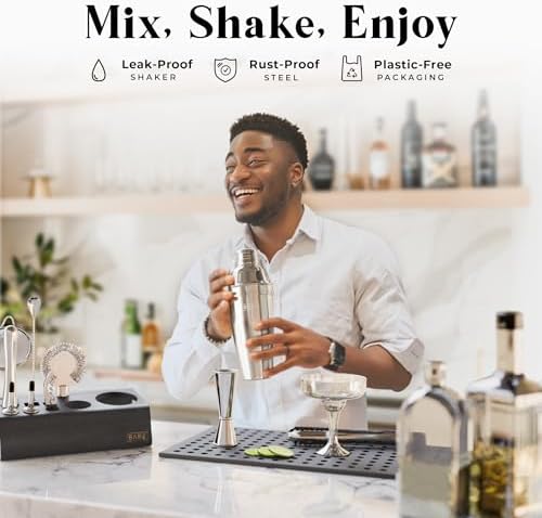 Mixology Bartender Kit Bar Set | 14-Piece Cocktail Shaker Set | Martini Barware Mixing Tools for Home Bartending | Incl. 35 Recipe Cards | Gift Set (24oz Cobbler Shaker, Silver/Black)