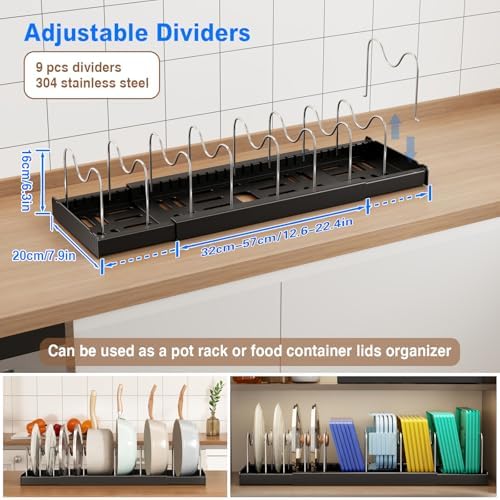 2 Pack Pots and Pans Organizer under Cabinet, 22" Expandable Food Storage Container Lid Organizer with 9 Adjustable Stainless Steel Dividers, ABS Base, Countertop Rack, Black