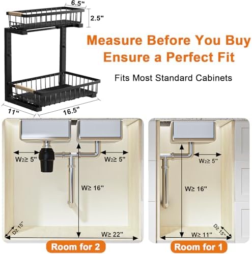 Under Sink Organizer, 2 Pack Height Adjustable Under Sink Organizers and Storage, 2 Tier Pull Out Drawer Cabinet Storage for Kitchen Bathroom