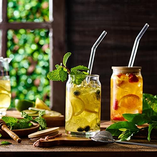Set of 4 Patented Can Shaped® Drinking Glasses with Bamboo Lids & Straws - 16oz Clear Water Cups for Iced Coffee, Tea, Cocktails, Whiskey, Soda - Tumbler Cup
