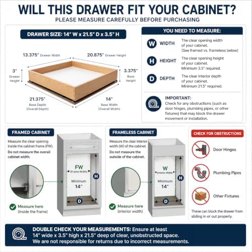 Pull Out Cabinet Drawer Organizer 14"W x21"D Hard Maple - Easy to Install Fully Assembled Heavy Duty 100Lbs, Wooden Soft Close Bottom Mounted Cabinet Drawer for Kitchen Cabinets, Pantries