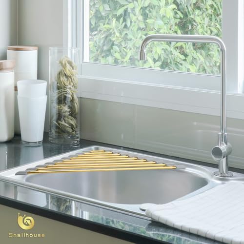 Small Triangle Roll Up Dish Drying Rack, Stainless Steel Kitchen Foldable Sink Caddy Organizer Sponge Holder for Sink Corner, Gold