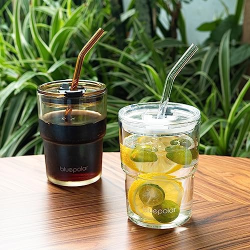 13oz/400ml Glass Water Tumbler with Straw and Lid Sealed Carry On Thick Wall Iced Coffee Cup Glass Cup for Water, Iced Tea Fruit Juice Etc (White-2Pack)