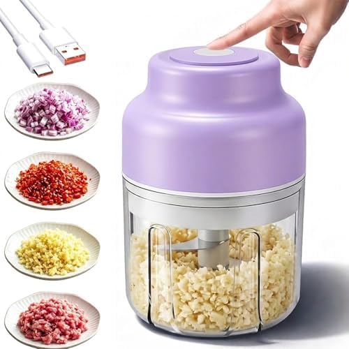 Mini Electric Garlic Chopper & Mini Portable Veggie Chopper, Household Electric Garlic Crusher, 6 Blades Electric Food Chopper for Garlic, Onion, Ginger, Chili, Spices and Fruit (Purple) by Unknown