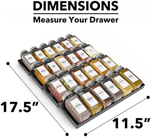 Spice Drawer Organizer with 24 Spice Jars, 378 White Minimalist Spice Labels, 4 Tier Seasoning Rack Tray Insert for Kitchen Drawers, 11.25" Wide x 17.5" Deep